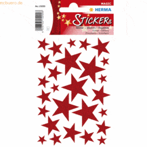 10 x HERMA Schmucketikett Magic Sterne Rot Glittery 1 Blatt