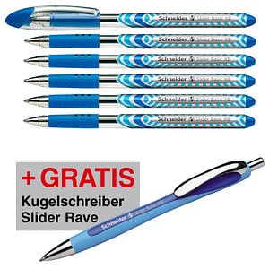 AKTION: 6 Schneider Kugelschreiber Slider Basic blau Schreibfarbe blau + GRATIS Slider Kugelschreiber Rave